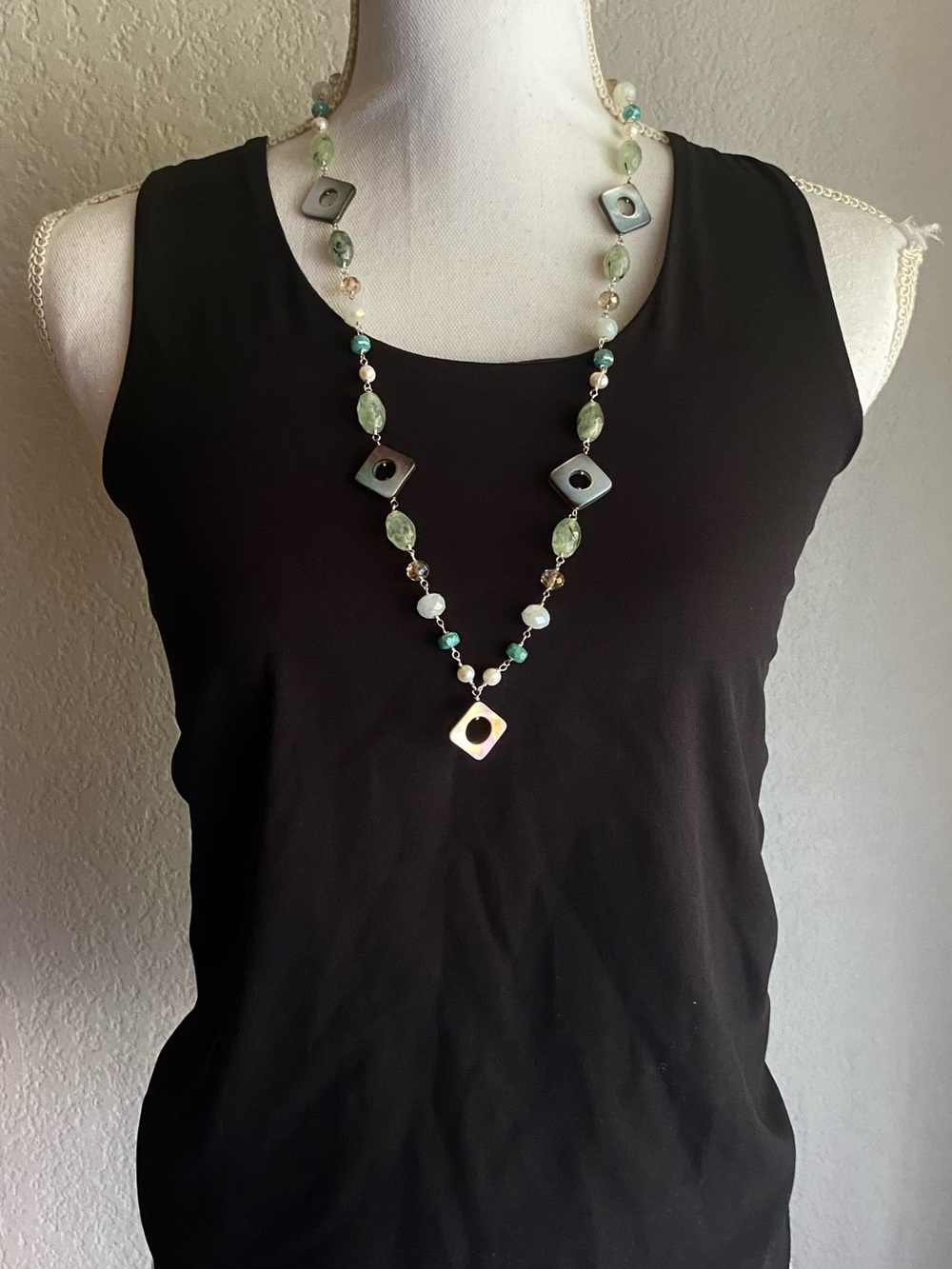 Green Beaded Long Necklace with Square Accents